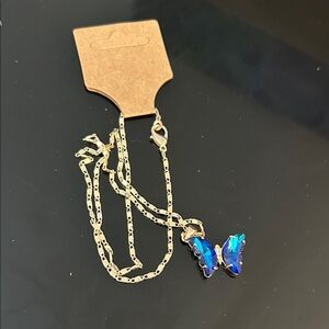 Gold Chain Necklace with Blue Iridescent Butterfly Pendant